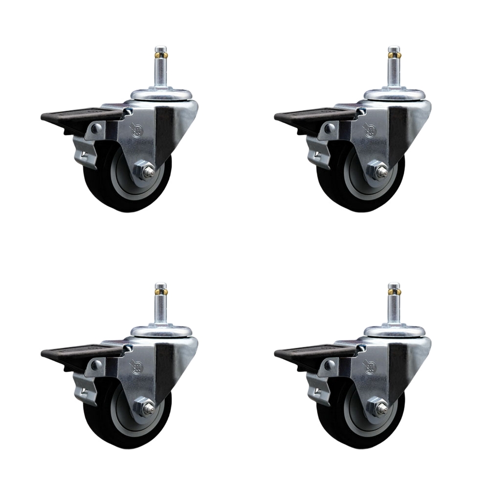 Polyurethane Swivel Grip Ring Stem Caster Set of 4 w/3" x 1.25" Black Wheels and 7/16" Stems - Includes 4 with Posi Lock Brakes - 1200 lbs Total Capacity - Service Caster Brand — photo 1