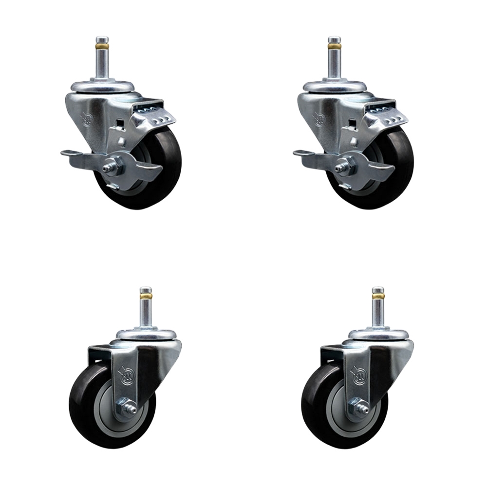 Polyurethane Swivel Grip Ring Stem Caster Set of 4 w/3" x 1.25"  Black Wheels and 7/16" Stems - Includes 2 with Top Locking Brake - 1200 lbs Total Capacity - Service Caster Brand — photo 1