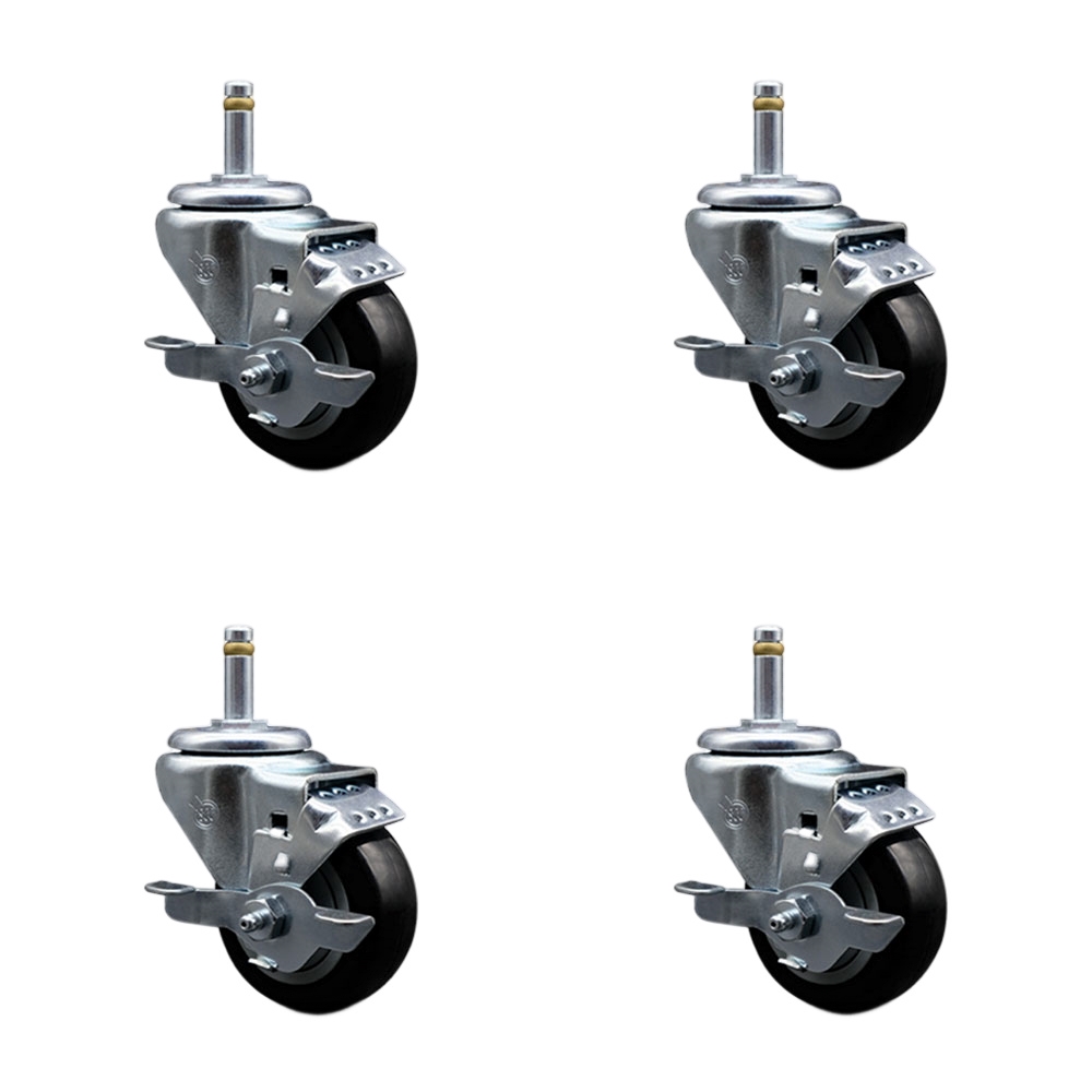 Polyurethane Swivel Grip Ring Stem Caster Set of 4 w/3" x 1.25" Black Wheels and 7/16" Stems - Includes 4 with Top Lock Brakes - 1200 lbs Total Capacity - Service Caster Brand — photo 1