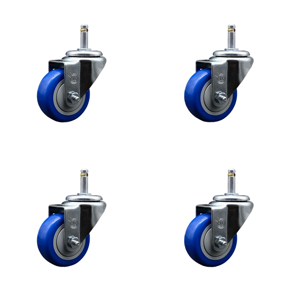 Polyurethane Swivel Grip Ring Stem Caster Set of 4 w/3" x 1.25" Blue Wheels and 7/16" Stems - Includes 4 Swivel - 1200 lbs Total Capacity - Service Caster Brand — photo 1