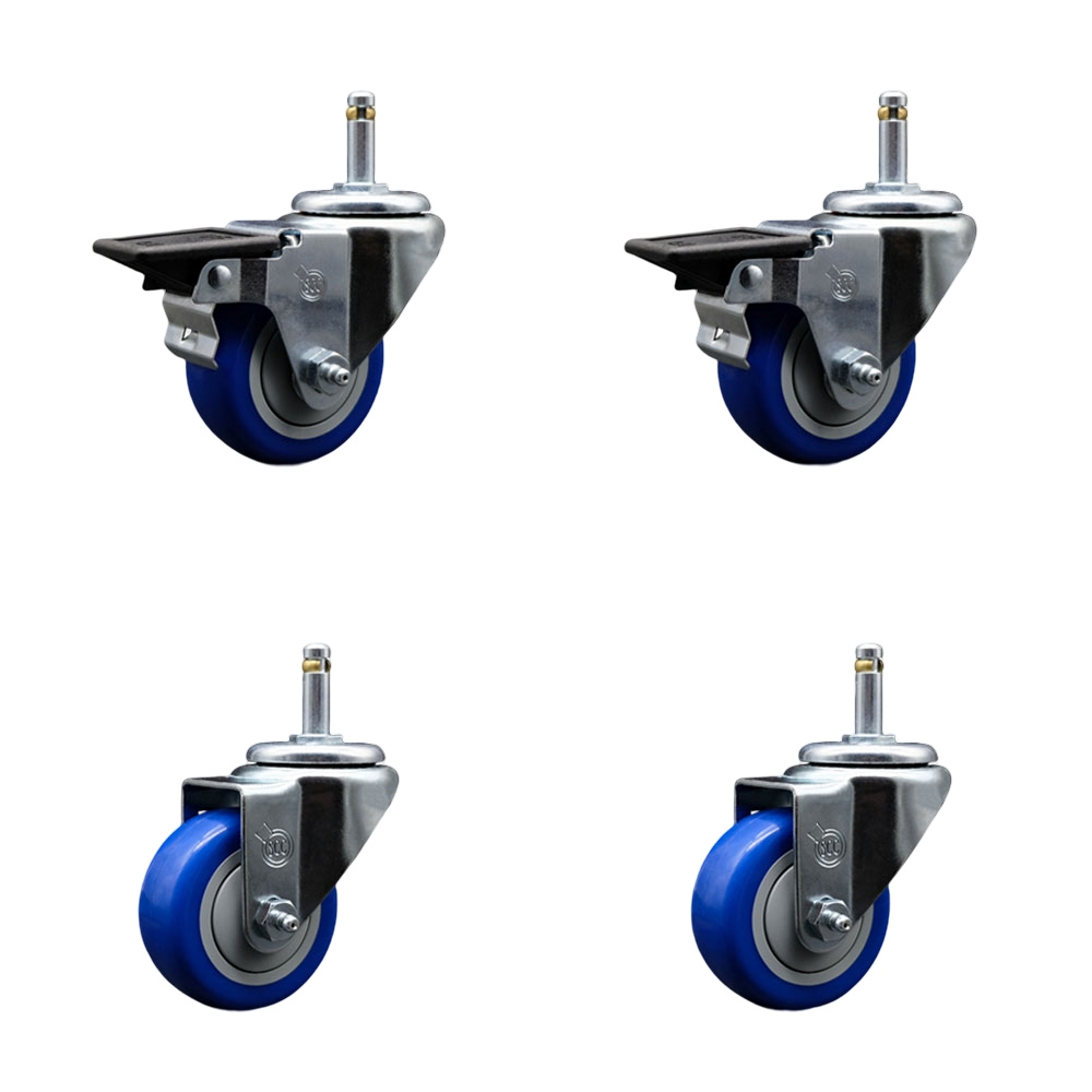 Polyurethane Swivel Grip Ring Stem Caster Set of 4 w/3" x 1.25"  Blue Wheels and 7/16" Stems - Includes 2 with Posi Locking Brake - 1200 lbs Total Capacity - Service Caster Brand — photo 1