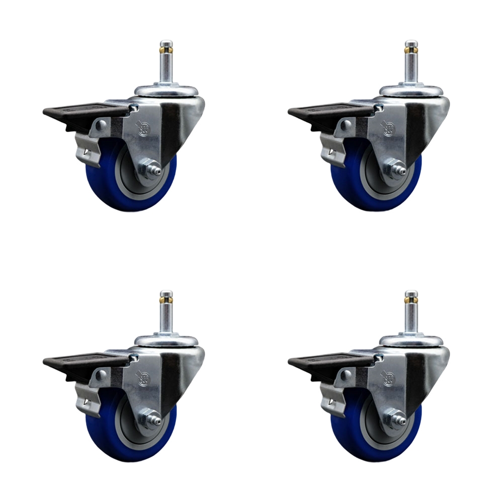 Polyurethane Swivel Grip Ring Stem Caster Set of 4 w/3" x 1.25" Blue Wheels and 7/16" Stems - Includes 4 with Posi Lock Brakes - 1200 lbs Total Capacity - Service Caster Brand — photo 1