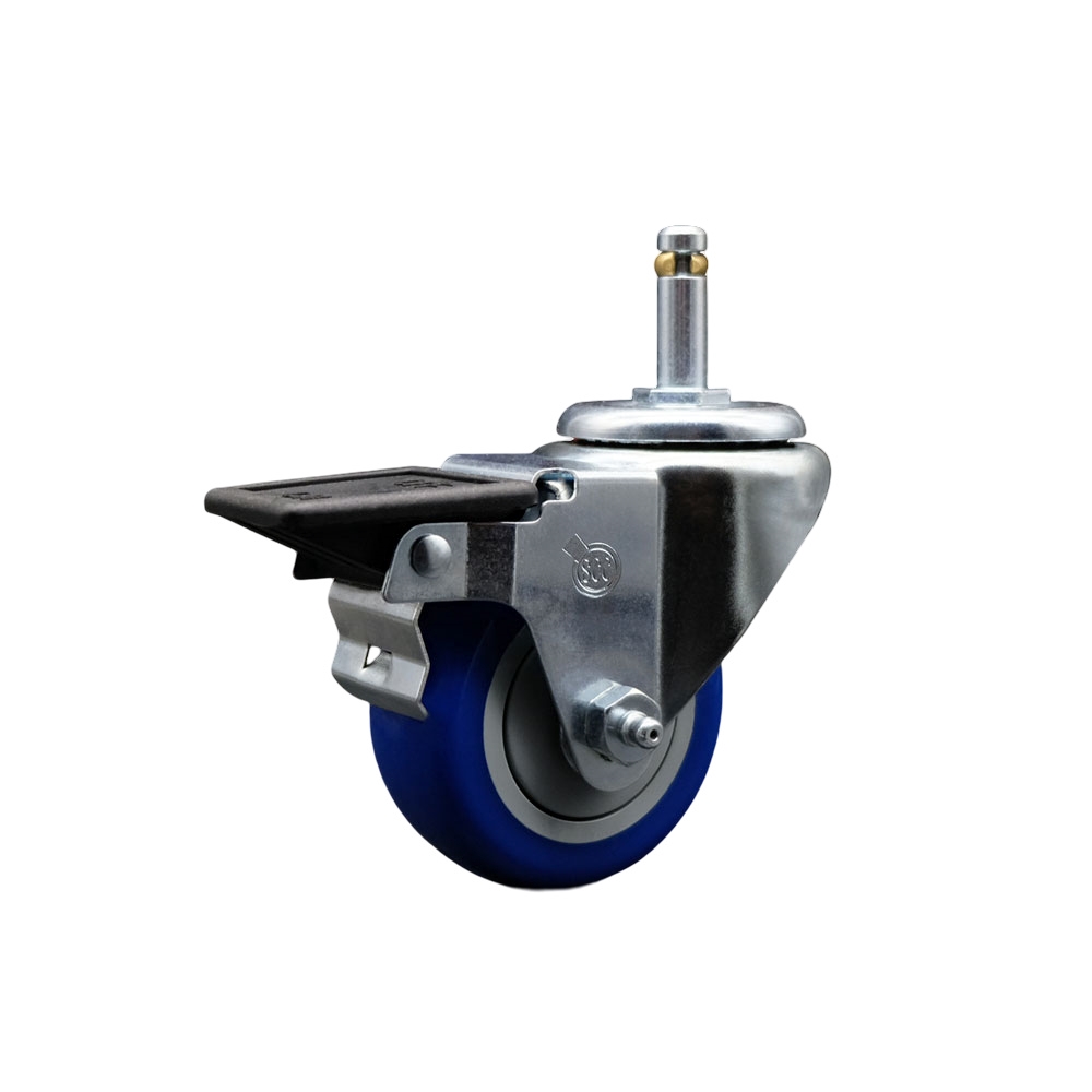 Polyurethane Swivel Grip Ring Stem Caster w/3" x 1.25"  Blue Wheel and 7/16" Stem & Posi Locking Brake - 300 lbs Capacity/Caster - Service Caster Brand — photo 1
