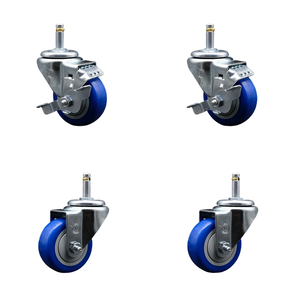Polyurethane Swivel Grip Ring Stem Caster Set of 4 w/3" x 1.25"  Blue Wheels and 7/16" Stems - Includes 2 with Top Locking Brake - 1200 lbs Total Capacity - Service Caster Brand — photo 1