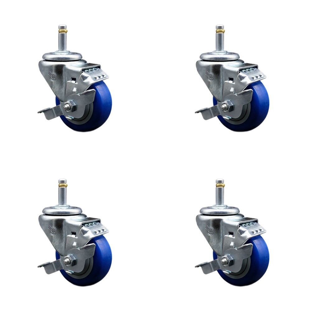 Polyurethane Swivel Grip Ring Stem Caster Set of 4 w/3" x 1.25" Blue Wheels and 7/16" Stems - Includes 4 with Top Lock Brakes - 1200 lbs Total Capacity - Service Caster Brand — photo 1