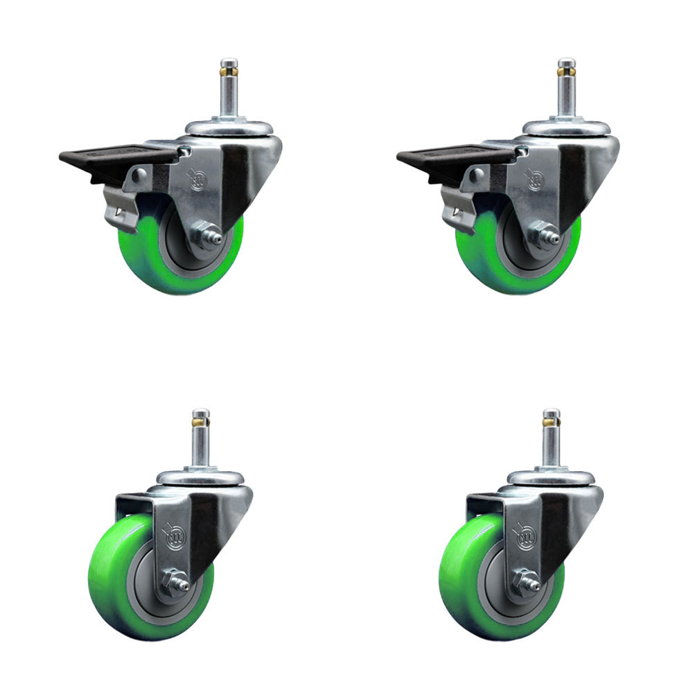 Polyurethane Swivel Grip Ring Stem Caster Set of 4 w/3" x 1.25"  Green Wheels and 7/16" Stems - Includes 2 with Posi Locking Brake - 1200 lbs Total Capacity - Service Caster Brand — photo 1