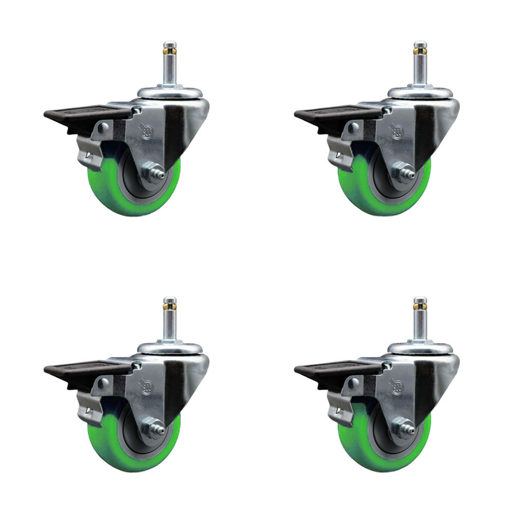 Polyurethane Swivel Grip Ring Stem Caster Set of 4 w/3" x 1.25" Green Wheels and 7/16" Stems - Includes 4 with Posi Lock Brakes - 1200 lbs Total Capacity - Service Caster Brand — photo 1