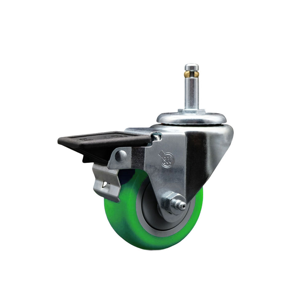 Polyurethane Swivel Grip Ring Stem Caster w/3" x 1.25"  Green Wheel and 7/16" Stem & Posi Locking Brake - 300 lbs Capacity/Caster - Service Caster Brand — photo 1