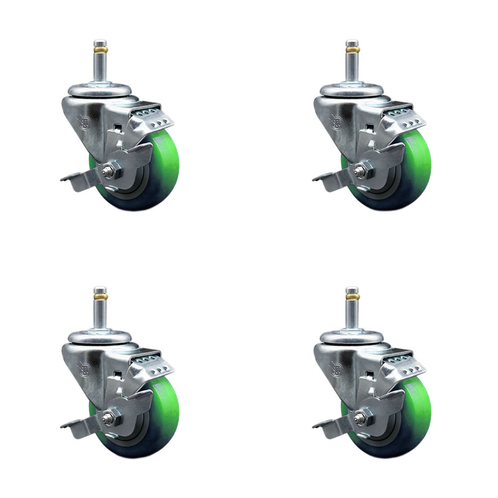 Polyurethane Swivel Grip Ring Stem Caster Set of 4 w/3" x 1.25" Green Wheels and 7/16" Stems - Includes 4 with Top Lock Brakes - 1200 lbs Total Capacity - Service Caster Brand — photo 1
