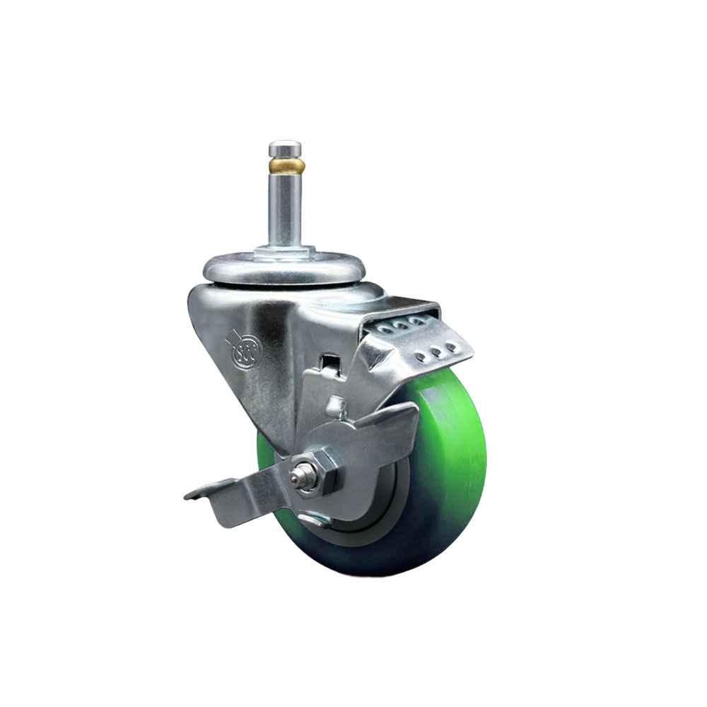 Polyurethane Swivel Grip Ring Stem Caster w/3" x 1.25"  Green Wheel and 7/16" Stem & Top Locking Brake - 300 lbs Capacity/Caster - Service Caster Brand — photo 1