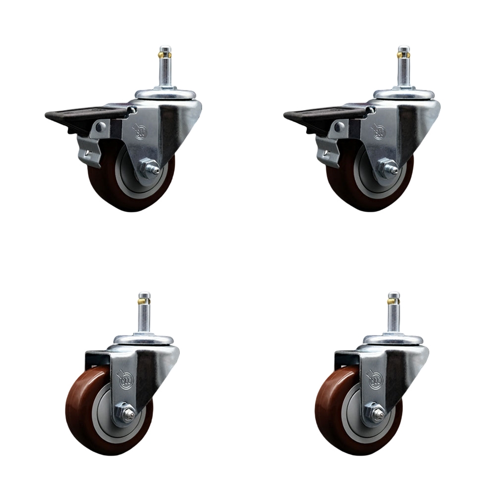 Polyurethane Swivel Grip Ring Stem Caster Set of 4 w/3" x 1.25"  Maroon Wheels and 7/16" Stems - Includes 2 with Posi Locking Brake - 1200 lbs Total Capacity - Service Caster Brand — photo 1