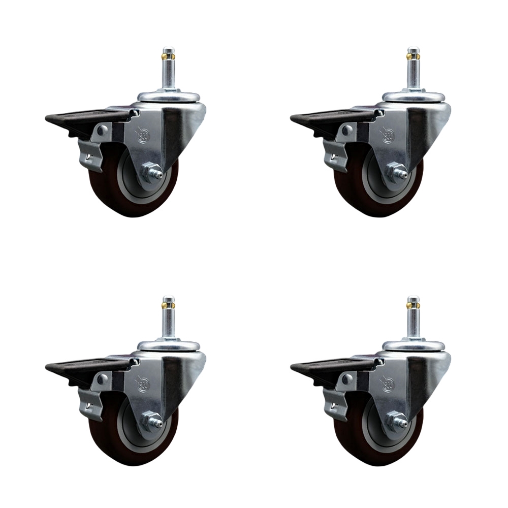 Polyurethane Swivel Grip Ring Stem Caster Set of 4 w/3" x 1.25" Maroon Wheels and 7/16" Stems - Includes 4 with Posi Lock Brakes - 1200 lbs Total Capacity - Service Caster Brand — photo 1