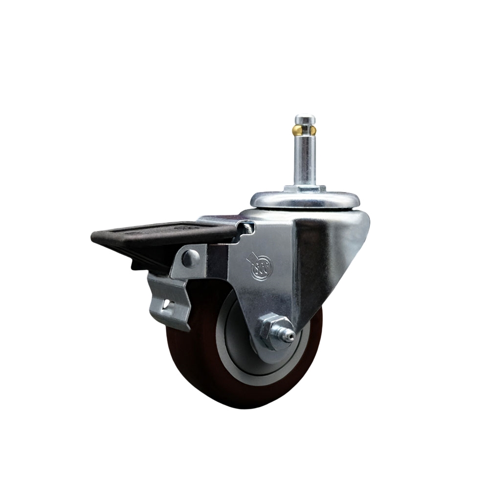 Polyurethane Swivel Grip Ring Stem Caster w/3" x 1.25"  Maroon Wheel and 7/16" Stem & Posi Locking Brake - 300 lbs Capacity/Caster - Service Caster Brand — photo 1