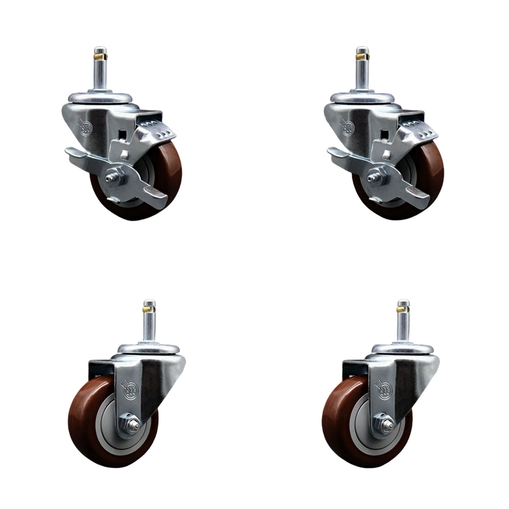 Polyurethane Swivel Grip Ring Stem Caster Set of 4 w/3" x 1.25"  Maroon Wheels and 7/16" Stems - Includes 2 with Top Locking Brake - 1200 lbs Total Capacity - Service Caster Brand — photo 1
