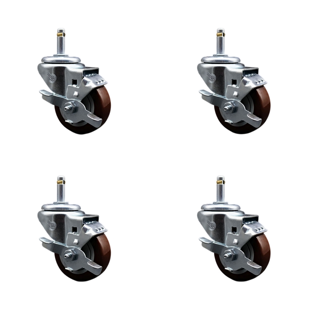 Polyurethane Swivel Grip Ring Stem Caster Set of 4 w/3" x 1.25" Maroon Wheels and 7/16" Stems - Includes 4 with Top Lock Brakes - 1200 lbs Total Capacity - Service Caster Brand — photo 1