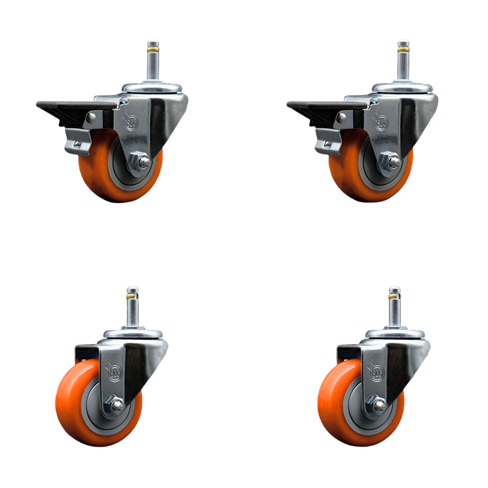 Polyurethane Swivel Grip Ring Stem Caster Set of 4 w/3" x 1.25"  Orange Wheels and 7/16" Stems - Includes 2 with Posi Locking Brake - 1200 lbs Total Capacity - Service Caster Brand — photo 1