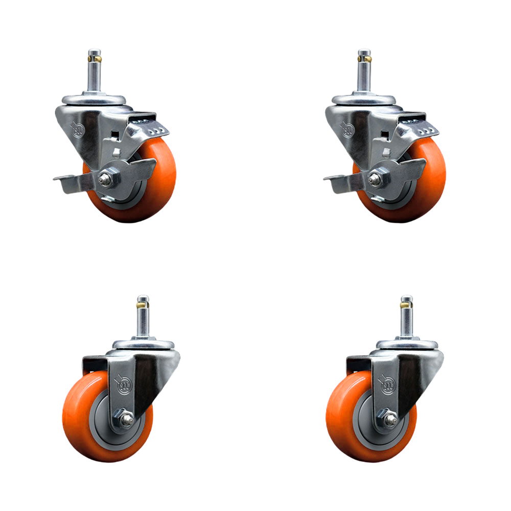 Polyurethane Swivel Grip Ring Stem Caster Set of 4 w/3" x 1.25"  Orange Wheels and 7/16" Stems - Includes 2 with Top Locking Brake - 1200 lbs Total Capacity - Service Caster Brand — photo 1