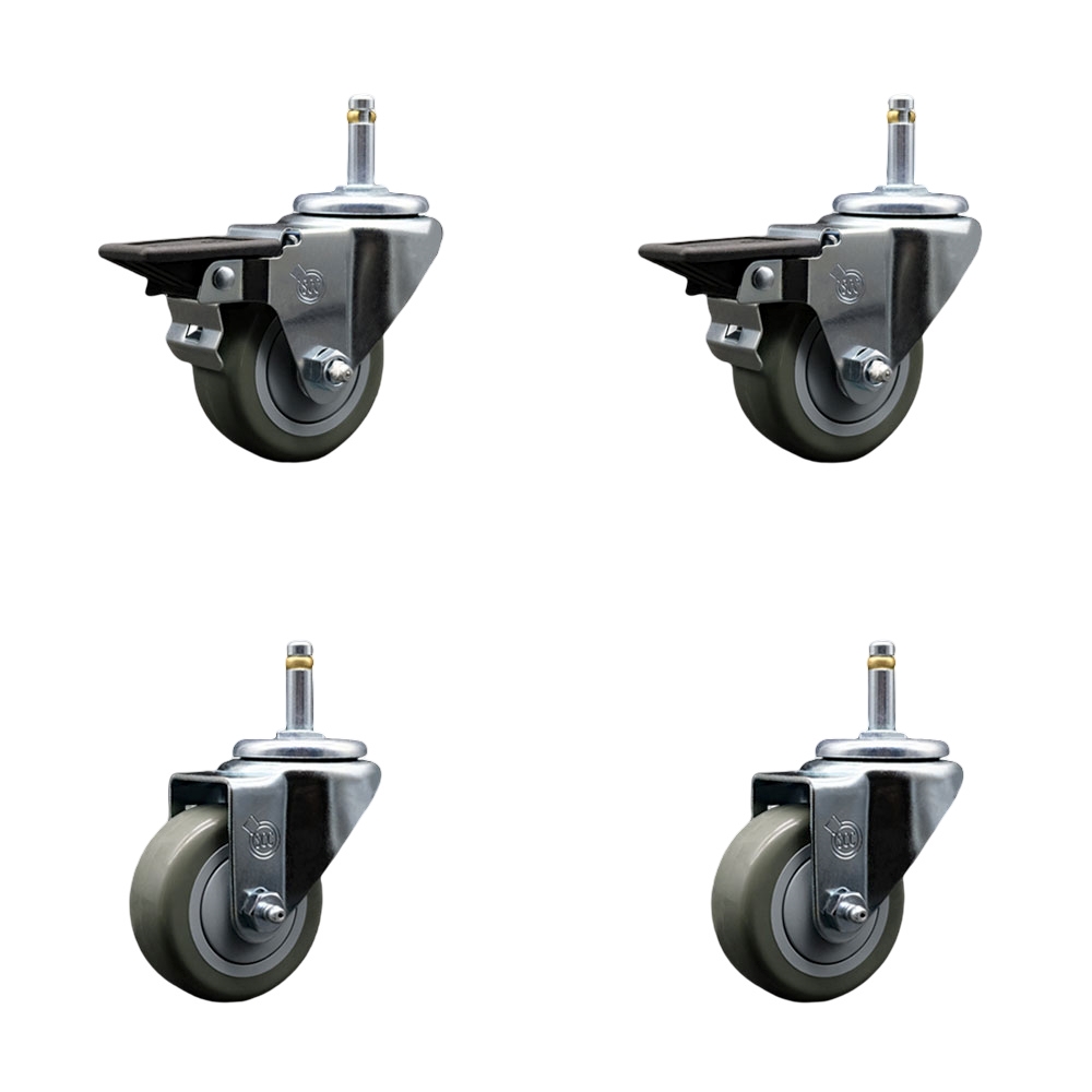 Polyurethane Swivel Grip Ring Stem Caster Set of 4 w/3" x 1.25"  Gray Wheels and 7/16" Stems - Includes 2 with Posi Locking Brake - 1200 lbs Total Capacity - Service Caster Brand — photo 1