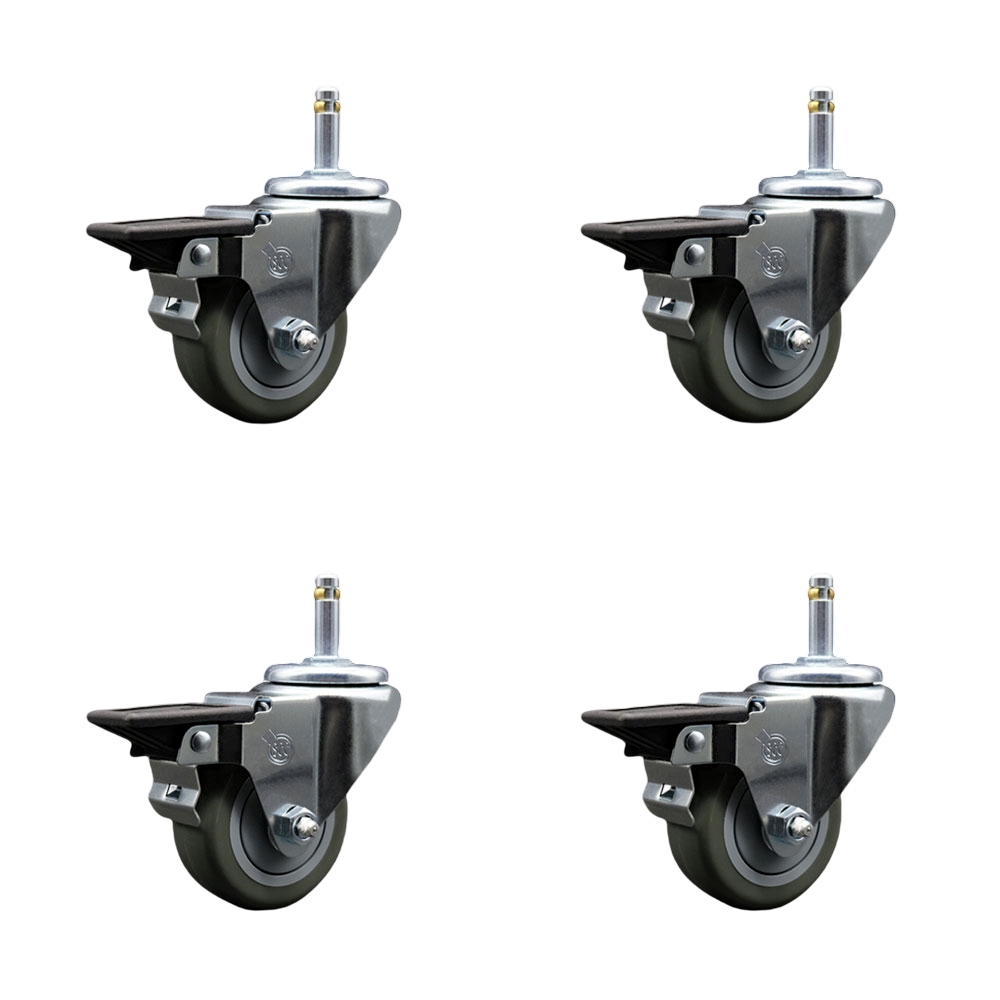 Polyurethane Swivel Grip Ring Stem Caster Set of 4 w/3" x 1.25" Gray Wheels and 7/16" Stems - Includes 4 with Posi Lock Brakes - 1200 lbs Total Capacity - Service Caster Brand — photo 1