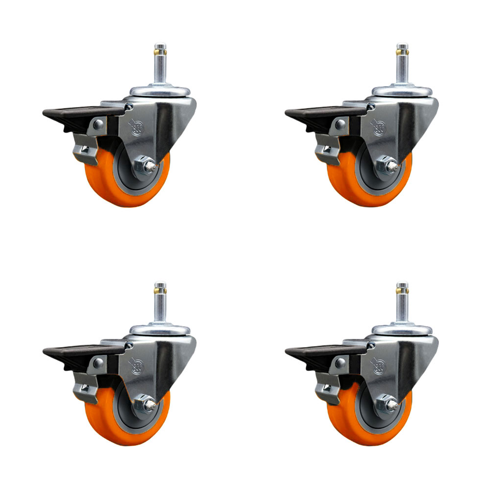 Polyurethane Swivel Grip Ring Stem Caster Set of 4 w/3" x 1.25" Orange Wheels and 7/16" Stems - Includes 4 with Posi Lock Brakes - 1200 lbs Total Capacity - Service Caster Brand — photo 1