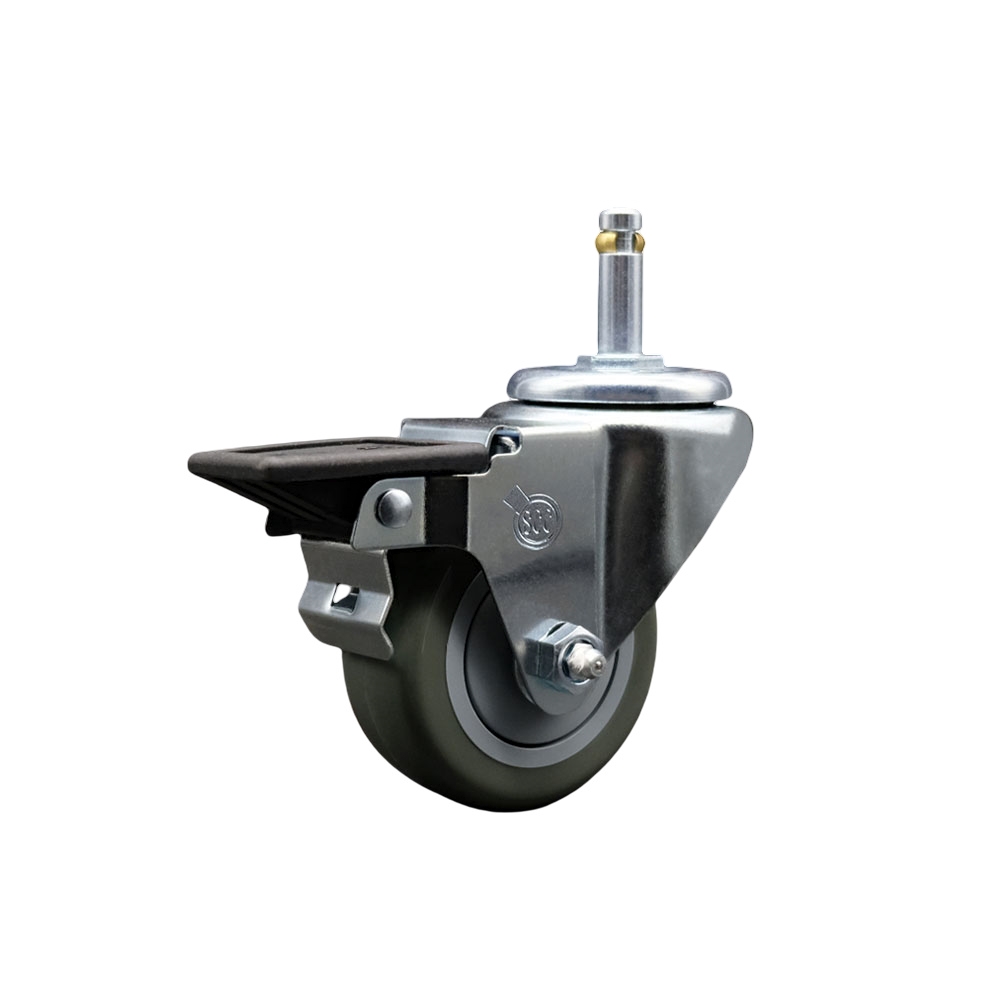 Polyurethane Swivel Grip Ring Stem Caster w/3" x 1.25"  Gray Wheel and 7/16" Stem & Posi Locking Brake - 300 lbs Capacity/Caster - Service Caster Brand — photo 1