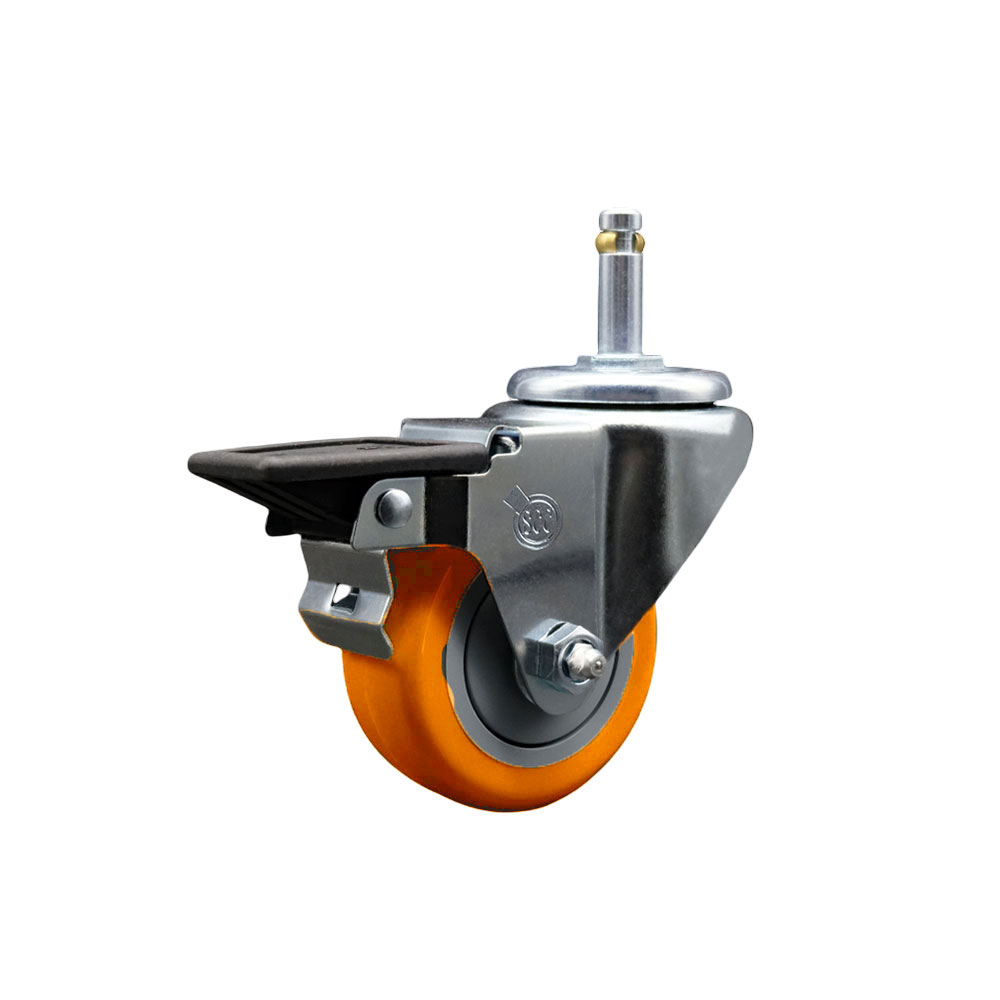 Polyurethane Swivel Grip Ring Stem Caster w/3" x 1.25"  Orange Wheel and 7/16" Stem & Posi Locking Brake - 300 lbs Capacity/Caster - Service Caster Brand — photo 1