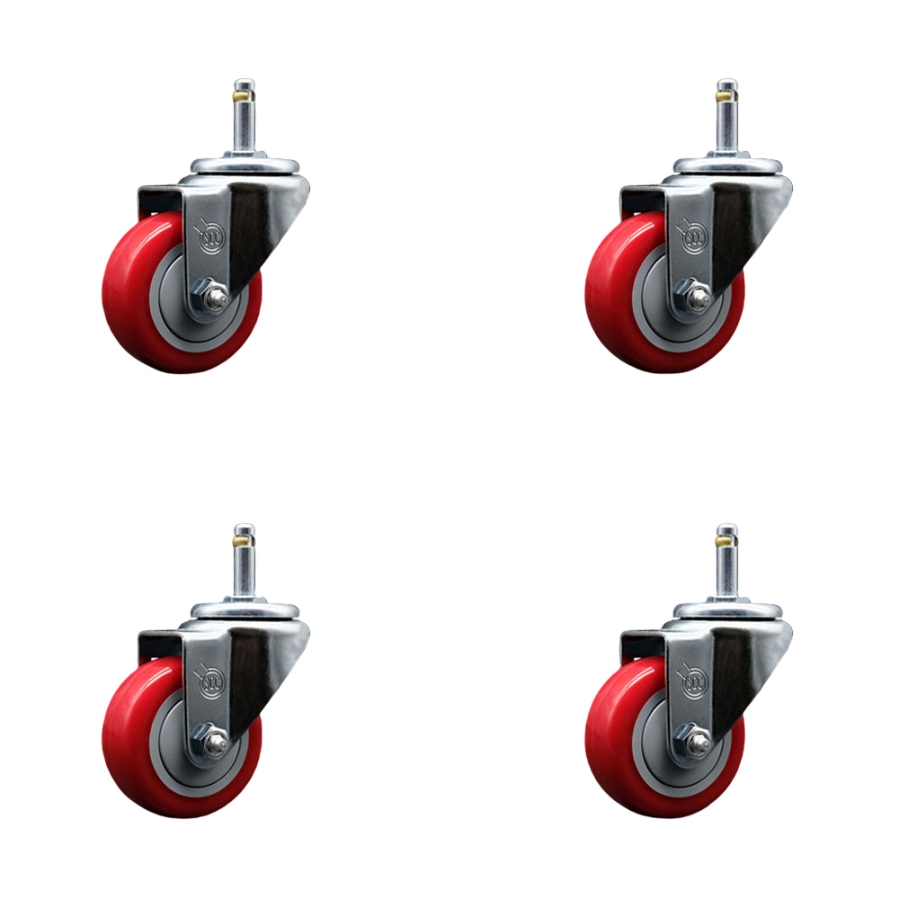 Polyurethane Swivel Grip Ring Stem Caster Set of 4 w/3" x 1.25" Red Wheels and 7/16" Stems - Includes 4 Swivel - 1200 lbs Total Capacity - Service Caster Brand — photo 1