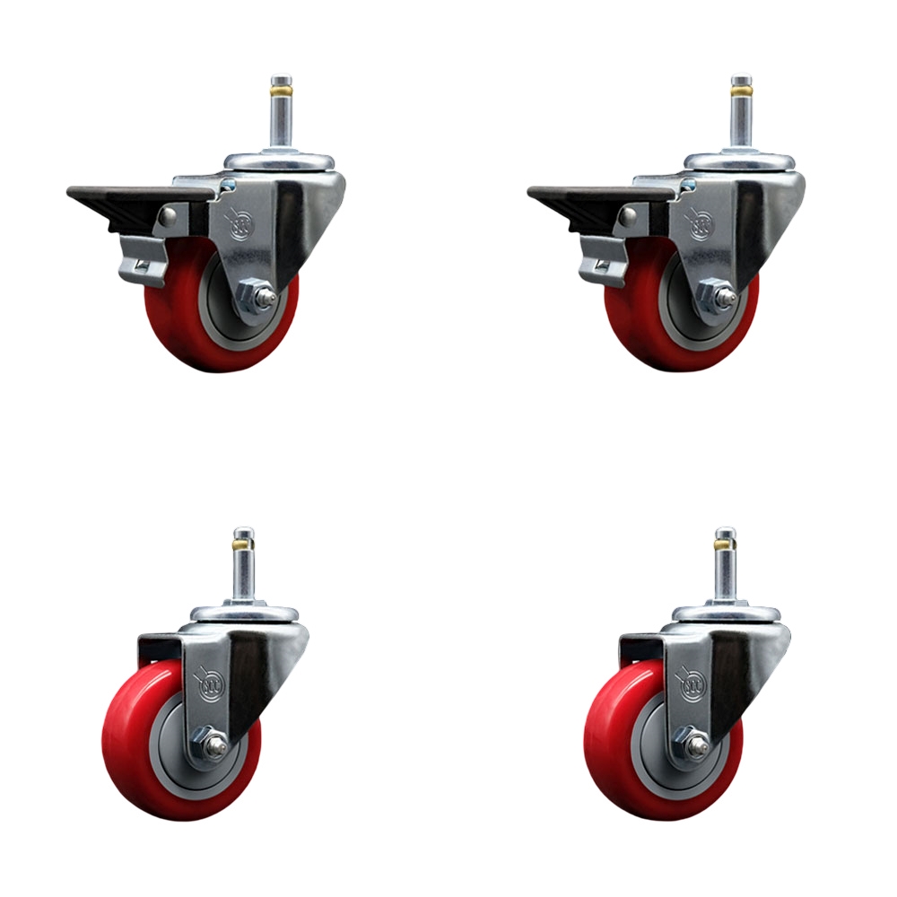 Polyurethane Swivel Grip Ring Stem Caster Set of 4 w/3" x 1.25"  Red Wheels and 7/16" Stems - Includes 2 with Posi Locking Brake - 1200 lbs Total Capacity - Service Caster Brand — photo 1
