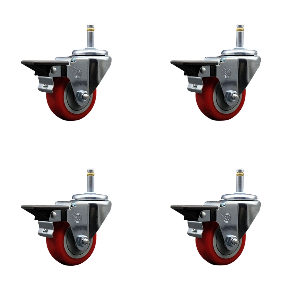 Polyurethane Swivel Grip Ring Stem Caster Set of 4 w/3" x 1.25" Red Wheels and 7/16" Stems - Includes 4 with Posi Lock Brakes - 1200 lbs Total Capacity - Service Caster Brand — photo 1