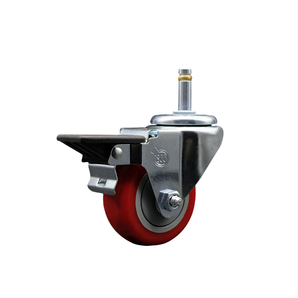 Polyurethane Swivel Grip Ring Stem Caster w/3" x 1.25"  Red Wheel and 7/16" Stem & Posi Locking Brake - 300 lbs Capacity/Caster - Service Caster Brand — photo 1
