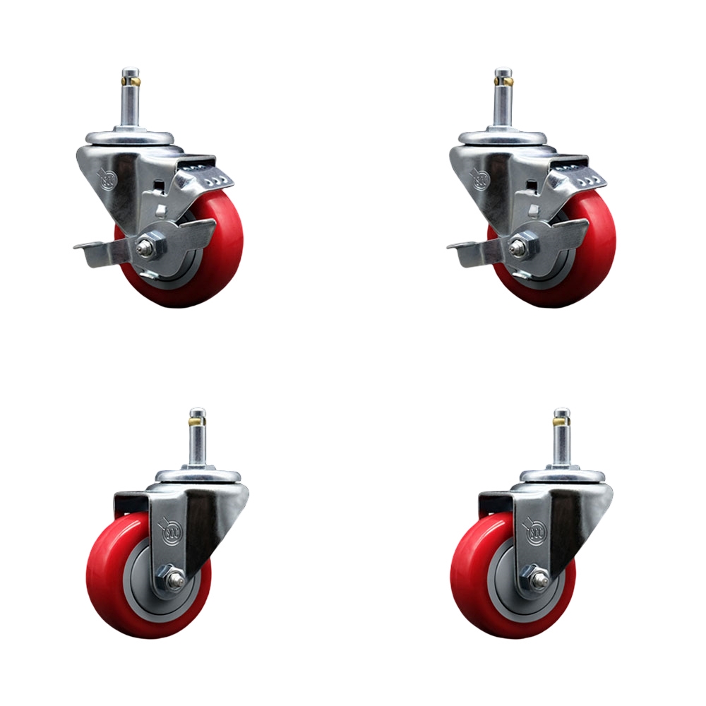 Polyurethane Swivel Grip Ring Stem Caster Set of 4 w/3" x 1.25"  Red Wheels and 7/16" Stems - Includes 2 with Top Locking Brake - 1200 lbs Total Capacity - Service Caster Brand — photo 1