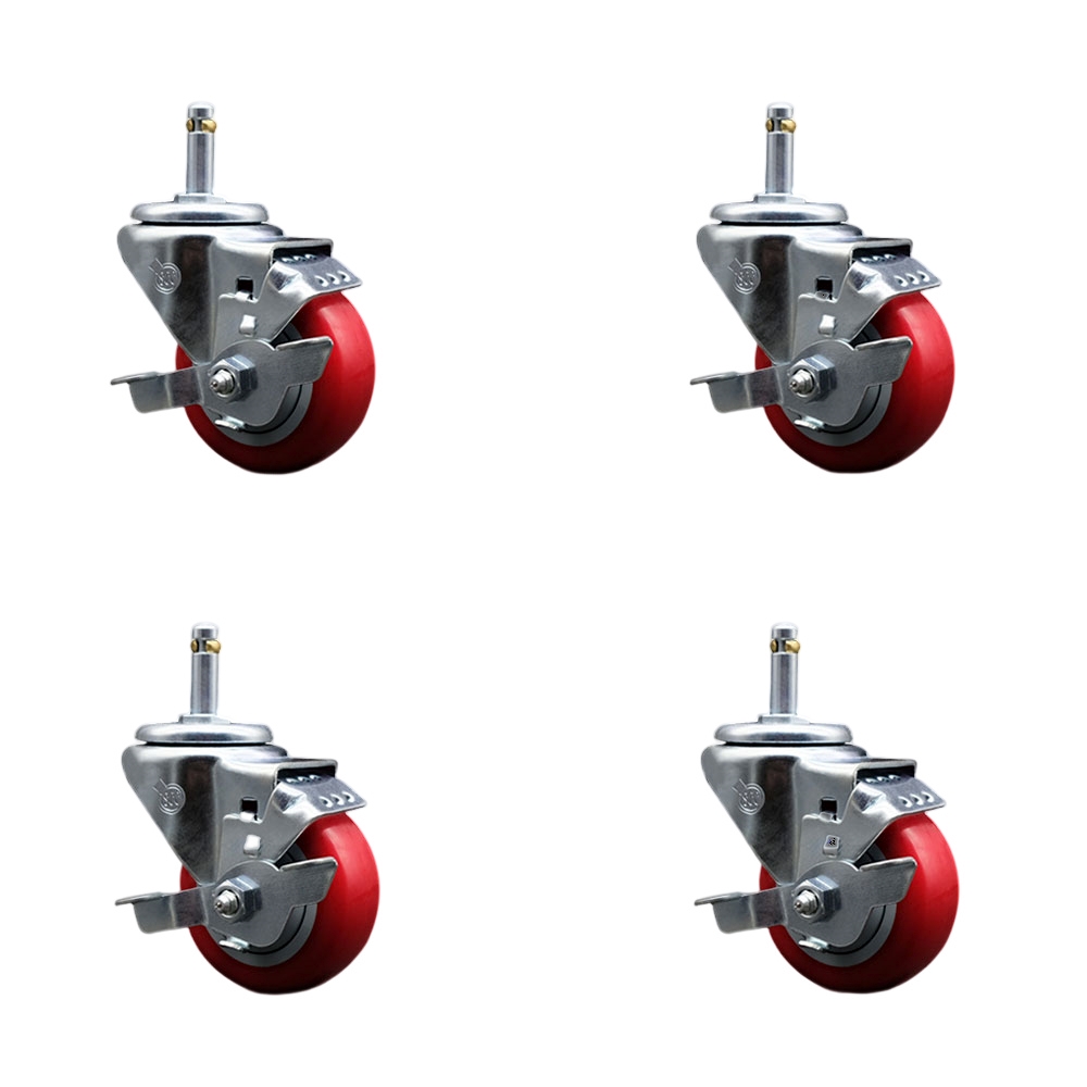 Polyurethane Swivel Grip Ring Stem Caster Set of 4 w/3" x 1.25" Red Wheels and 7/16" Stems - Includes 4 with Top Lock Brakes - 1200 lbs Total Capacity - Service Caster Brand — photo 1