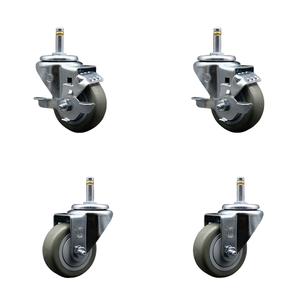 Polyurethane Swivel Grip Ring Stem Caster Set of 4 w/3" x 1.25"  Gray Wheels and 7/16" Stems - Includes 2 with Top Locking Brake - 1200 lbs Total Capacity - Service Caster Brand — photo 1