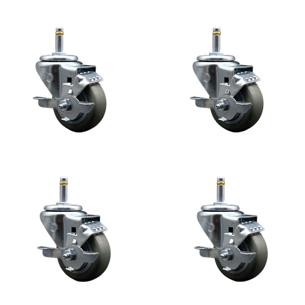 Polyurethane Swivel Grip Ring Stem Caster Set of 4 w/3" x 1.25" Gray Wheels and 7/16" Stems - Includes 4 with Top Lock Brakes - 1200 lbs Total Capacity - Service Caster Brand — photo 1