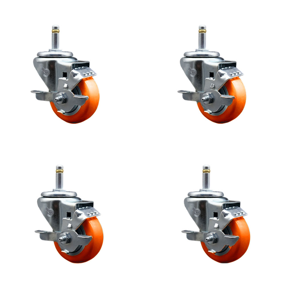 Polyurethane Swivel Grip Ring Stem Caster Set of 4 w/3" x 1.25" Orange Wheels and 7/16" Stems - Includes 4 with Top Lock Brakes - 1200 lbs Total Capacity - Service Caster Brand — photo 1