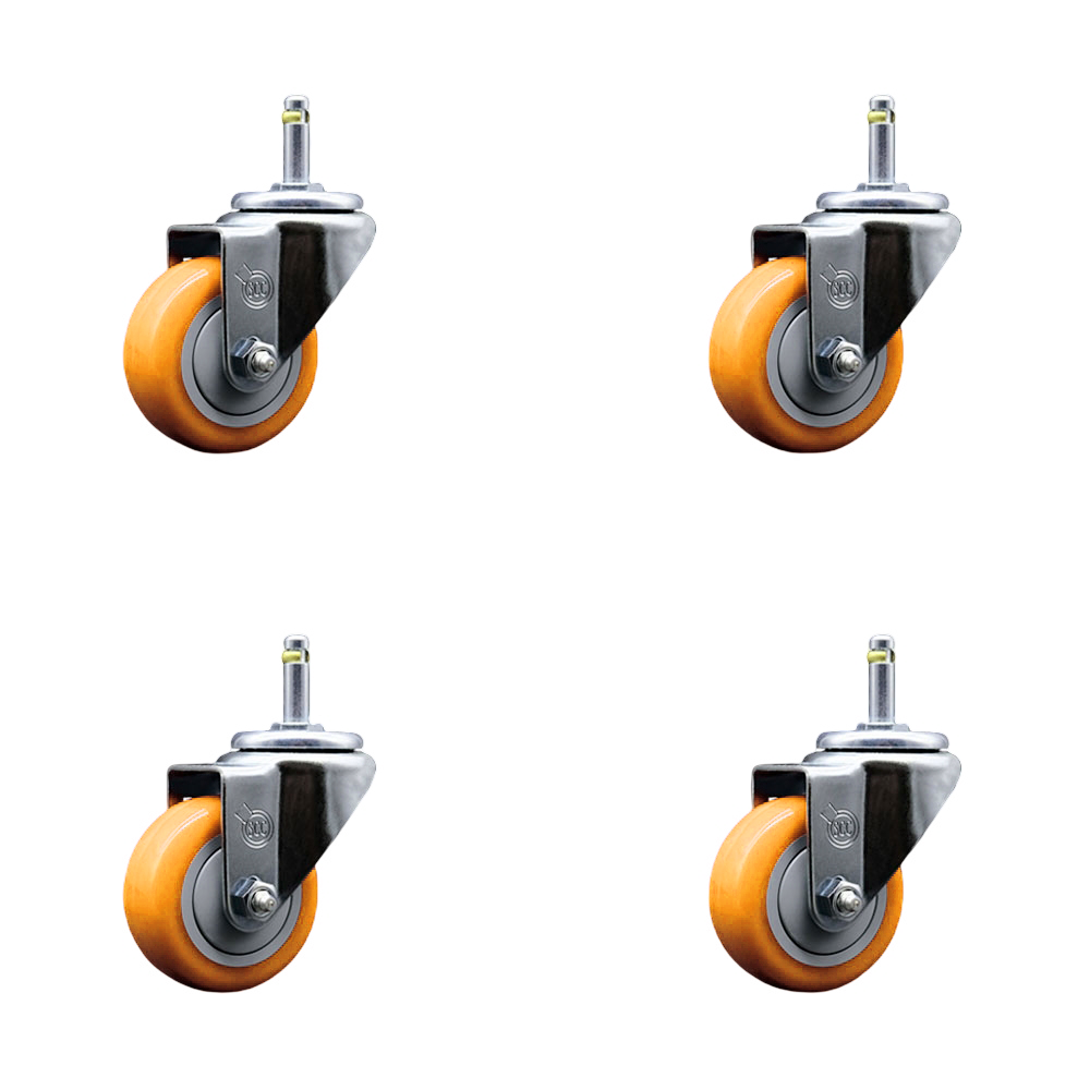 Polyurethane Swivel Grip Ring Stem Caster Set of 4 w/3" x 1.25" Yellow Wheels and 7/16" Stems - Includes 4 Swivel - 1200 lbs Total Capacity - Service Caster Brand — photo 1