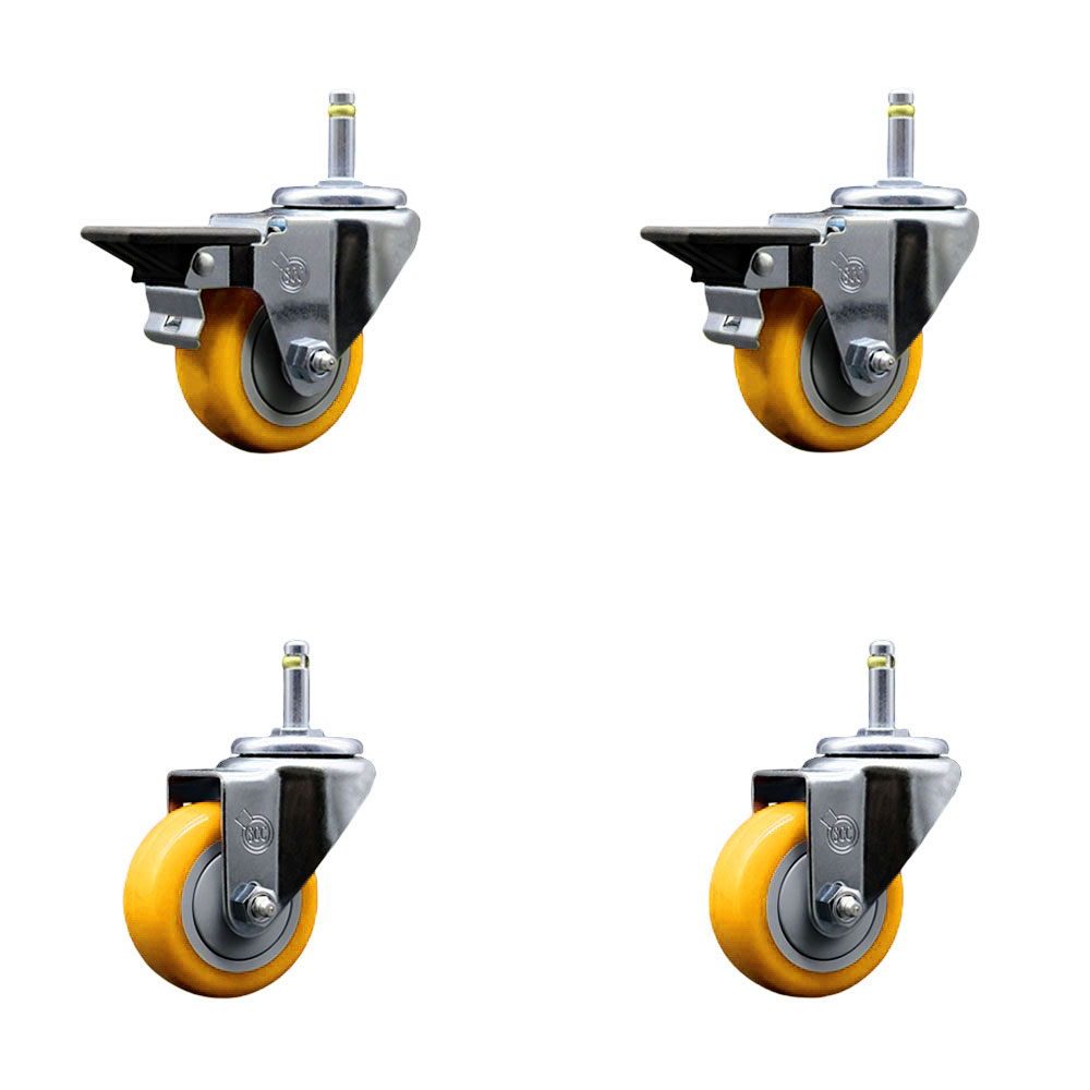 Polyurethane Swivel Grip Ring Stem Caster Set of 4 w/3" x 1.25"  Yellow Wheels and 7/16" Stems - Includes 2 with Posi Locking Brake - 1200 lbs Total Capacity - Service Caster Brand — photo 1