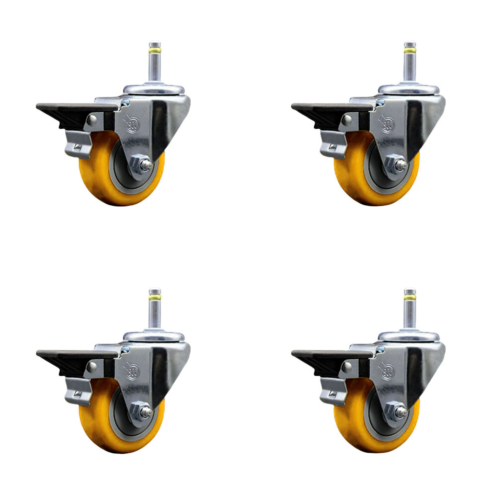 Polyurethane Swivel Grip Ring Stem Caster Set of 4 w/3" x 1.25" Yellow Wheels and 7/16" Stems - Includes 4 with Posi Lock Brakes - 1200 lbs Total Capacity - Service Caster Brand — photo 1