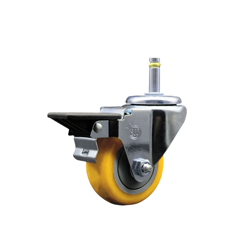Polyurethane Swivel Grip Ring Stem Caster w/3" x 1.25"  Yellow Wheel and 7/16" Stem & Posi Locking Brake - 300 lbs Capacity/Caster - Service Caster Brand — photo 1