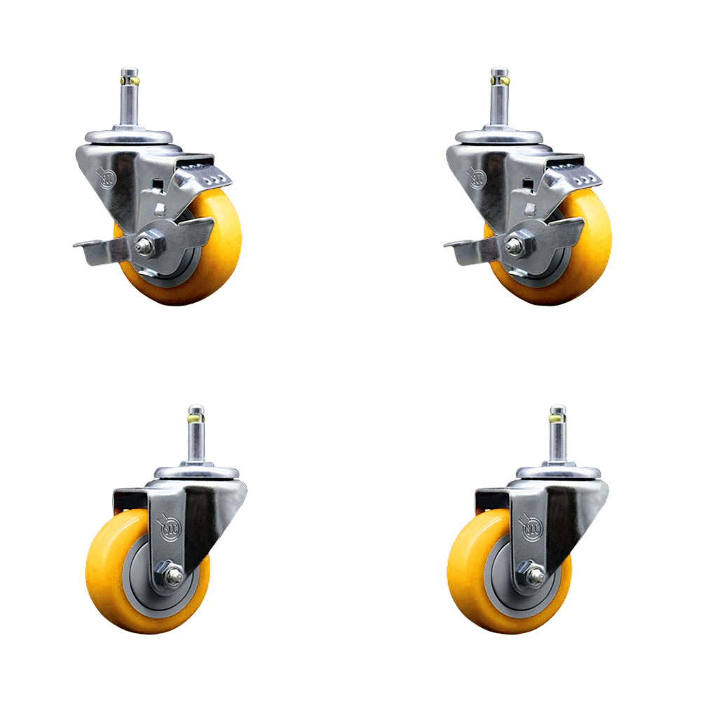 Polyurethane Swivel Grip Ring Stem Caster Set of 4 w/3" x 1.25"  Yellow Wheels and 7/16" Stems - Includes 2 with Top Locking Brake - 1200 lbs Total Capacity - Service Caster Brand — photo 1