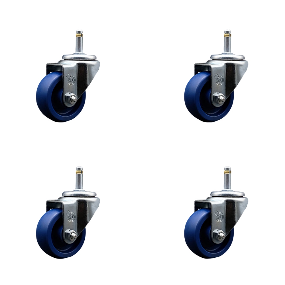 Solid Polyurethane Swivel Grip Ring Stem Caster Set of 4 w/3" x 1.25" Blue Wheels and 7/16" Stems - Includes 4 Swivel - 1200 lbs Total Capacity - Service Caster Brand — photo 1