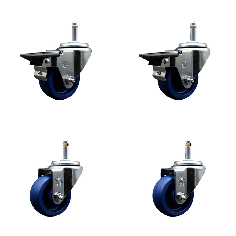 Solid Polyurethane Swivel Grip Ring Stem Caster Set of 4 w/3" x 1.25" Blue Wheels and 7/16" Stems - Includes 2 with Posi Locking Brake - 1200 lbs Total Capacity - Service Caster Brand — photo 1