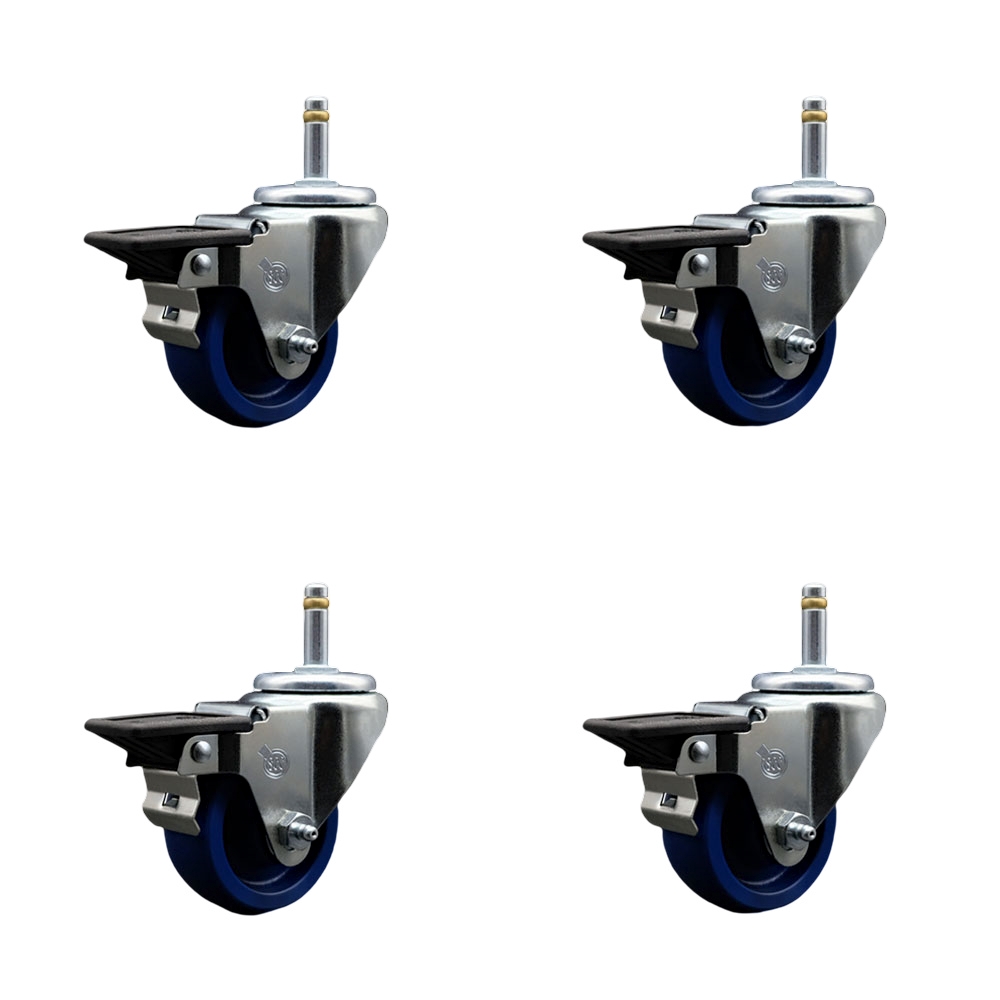 Solid Polyurethane Swivel Grip Ring Stem Caster Set of 4 w/3" x 1.25" Blue Wheels and 7/16" Stems - Includes 4 with Posi Lock Brakes - 1200 lbs Total Capacity - Service Caster Brand — photo 1