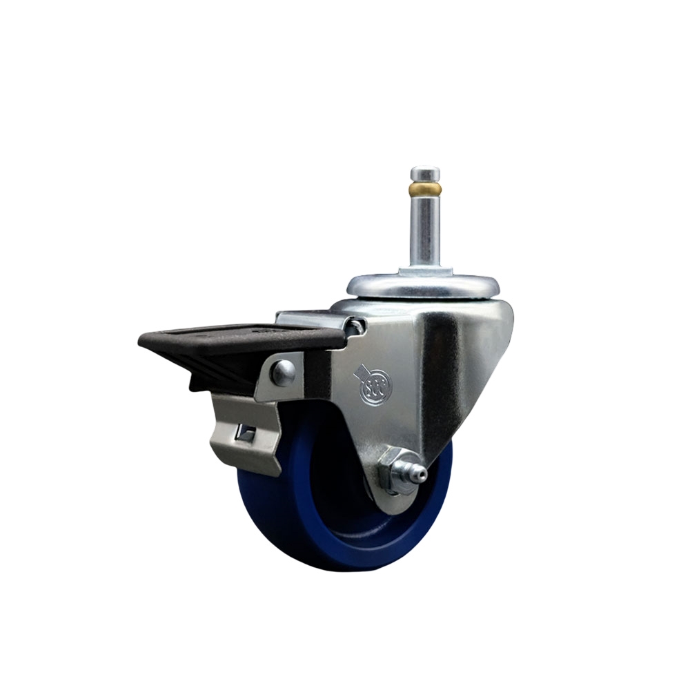 Solid Polyurethane Swivel Grip Ring Stem Caster w/3" x 1.25" Blue Wheel and 7/16" Stem & Posi Locking Brake - 300 lbs Capacity/Caster - Service Caster Brand — photo 1
