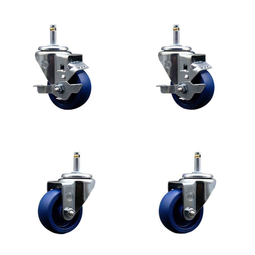 Solid Polyurethane Swivel Grip Ring Stem Caster Set of 4 w/3" x 1.25" Blue Wheels and 7/16" Stems - Includes 2 with Top Locking Brake - 1200 lbs Total Capacity - Service Caster Brand — photo 1