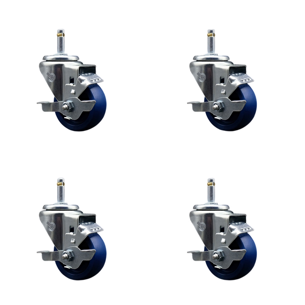 Solid Polyurethane Swivel Grip Ring Stem Caster Set of 4 w/3" x 1.25" Blue Wheels and 7/16" Stems - Includes 4 with Top Lock Brakes - 1200 lbs Total Capacity - Service Caster Brand — photo 1