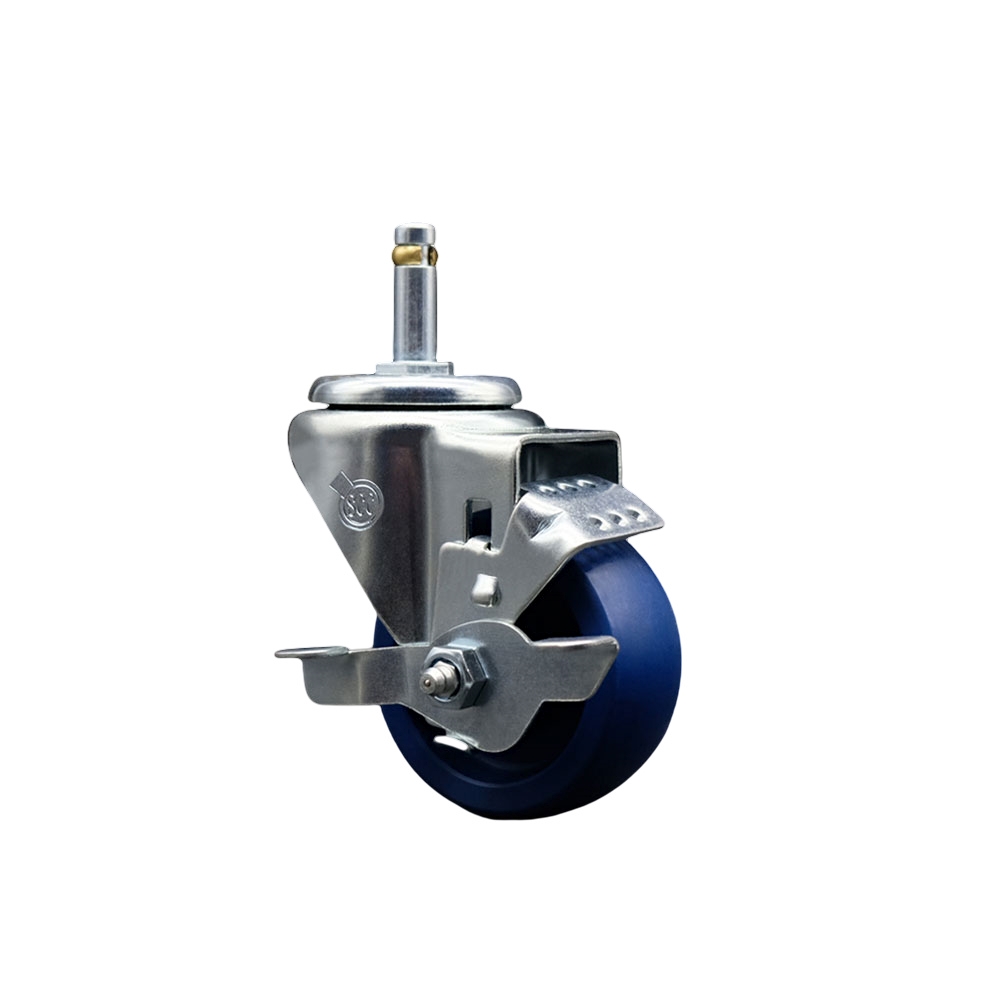 Solid Polyurethane Swivel Grip Ring Stem Caster w/3" x 1.25" Blue Wheel and 7/16" Stem & Top Locking Brake - 300 lbs Capacity/Caster - Service Caster Brand — photo 1