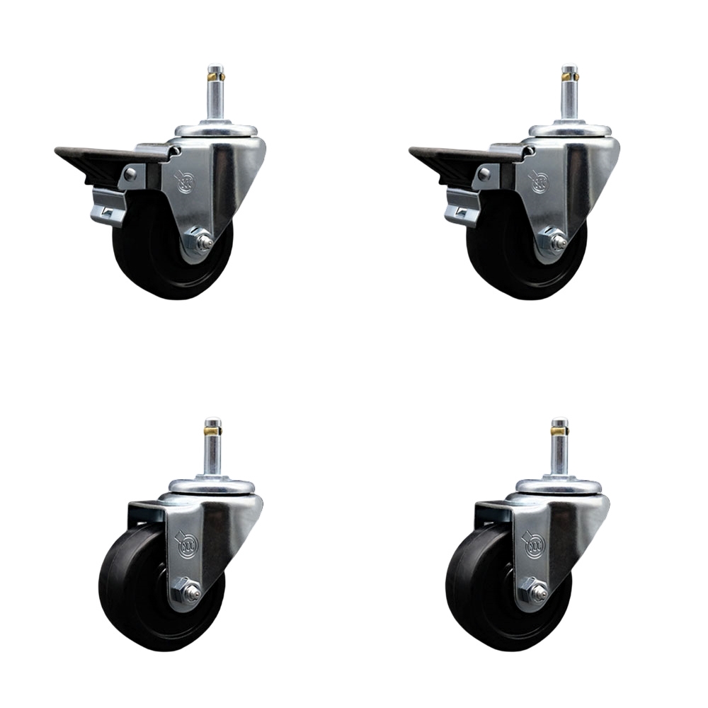 Soft Rubber Swivel Grip Ring Stem Caster Set of 4 w/3" x 1.25" Black Wheels and 7/16" Stems - Includes 2 with Posi Locking Brake - 700 lbs Total Capacity - Service Caster Brand — photo 1