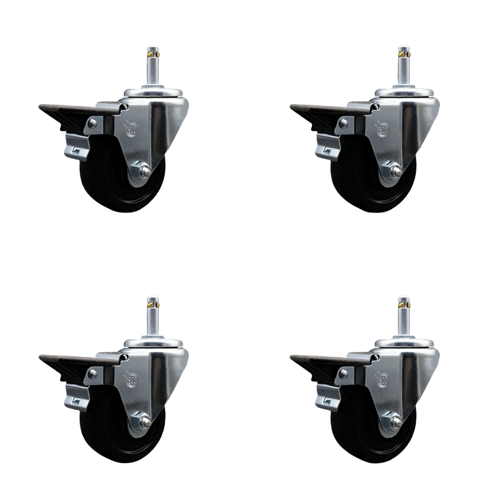 Soft Rubber Swivel Grip Ring Stem Caster Set of 4 w/3" x 1.25" Black Wheels and 7/16" Stems - Includes 4 with Posi Lock Brakes - 700 lbs Total Capacity - Service Caster Brand — photo 1