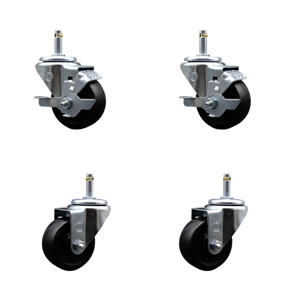 Soft Rubber Swivel Grip Ring Stem Caster Set of 4 w/3" x 1.25" Black Wheels and 7/16" Stems - Includes 2 with Top Locking Brake - 700 lbs Total Capacity - Service Caster Brand — photo 1